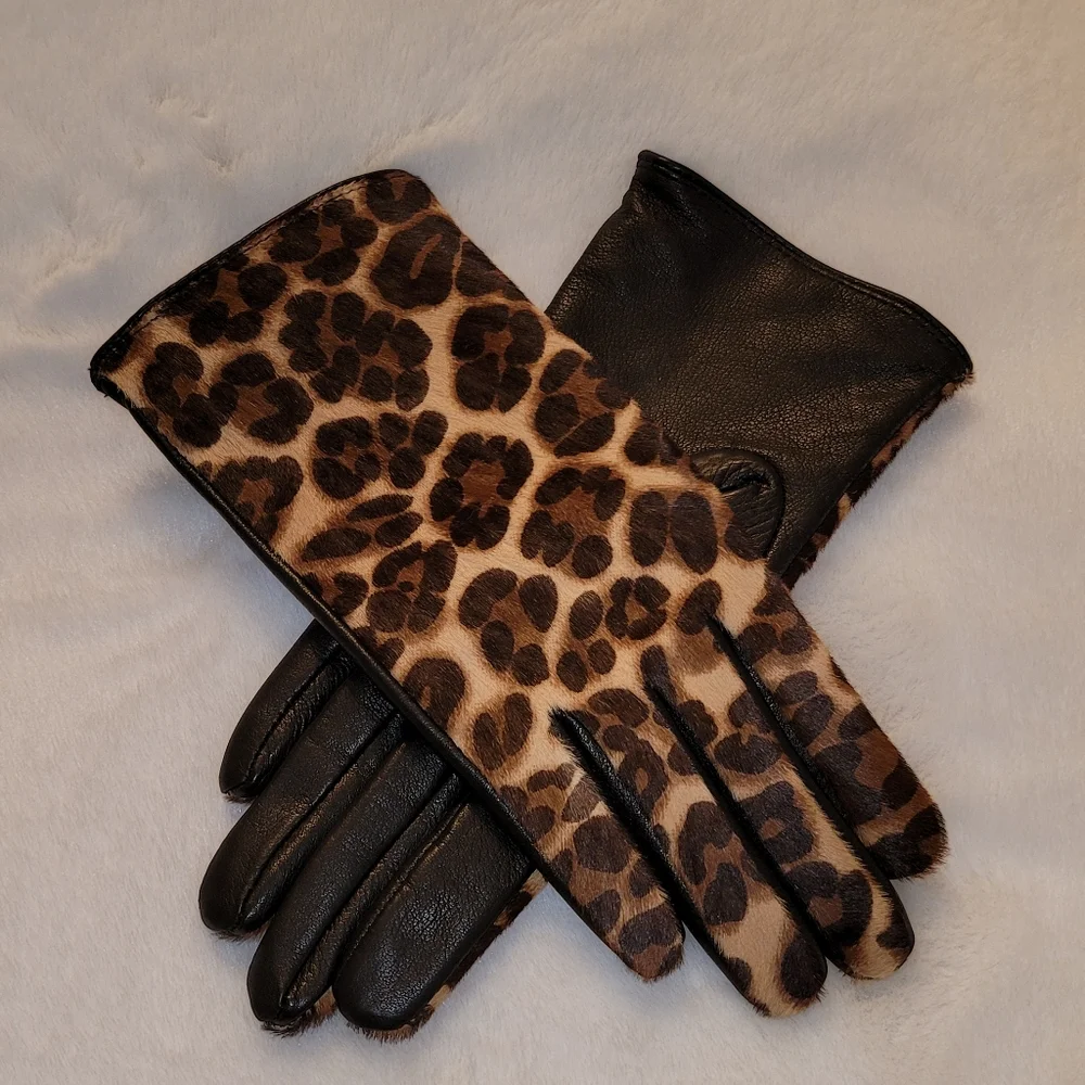 J McLaughlin Camilla Leather Leopard Gloves Size Medium New With Tag
